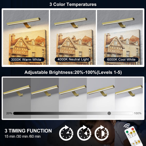 HARPER LIVING Picture Light for Wall Gold, Rechargeable Wall Light Indoor, Dimmable & 3 Colour Temps