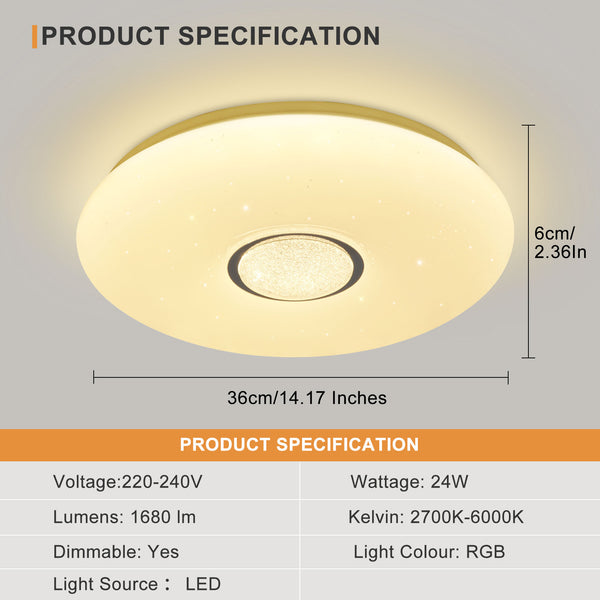 HARPER LIVING LED Smart Ceiling Lights, Wi-Fi RGB Flush Mount Ceiling Light, 1680 Lm, 24 Watts, Ceiling Lamp Connect with Tuya, Works with Alexa and Google Home, Colour and Brightness Options