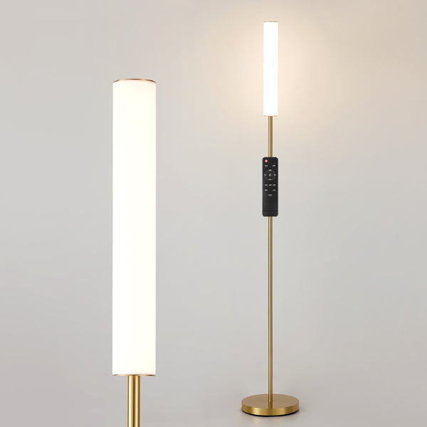 HARPER LIVING Modern LED Floor Lamp with Remote + Touch Control, Gold Standing Reading Lamp with Cylinder White Plastic Shade