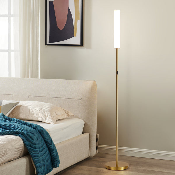 HARPER LIVING Modern LED Floor Lamp with Remote + Touch Control, Gold Standing Reading Lamp with Cylinder White Plastic Shade