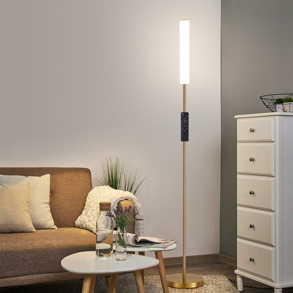 HARPER LIVING Modern LED Floor Lamp with Remote + Touch Control, Gold Standing Reading Lamp with Cylinder White Plastic Shade