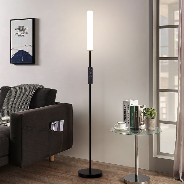 HARPER LIVING Modern LED Floor Lamp with Remote + Touch Control, Black Standing Reading Lamp with Cylinder White Plastic Shade