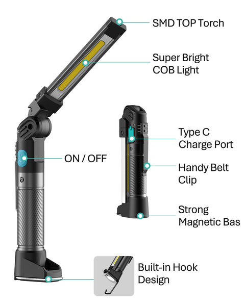 KOOLITE Rechargeable LED Work Light Battery Powered Inspection lamp rotating and foldable light COB 5 modes magnetic