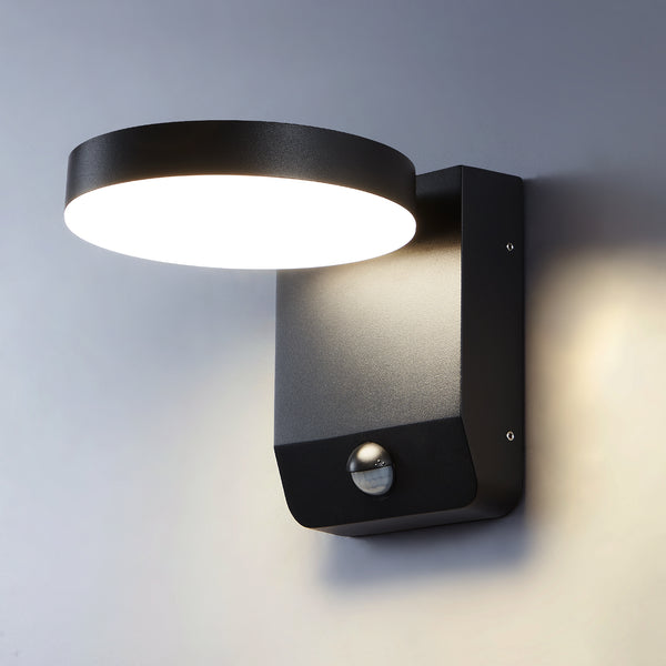 LED Black Outdoor Wall Light with PIR Sensor, Adjustable Round Light IP54, 20 Watts 1400 Lumens 4000K