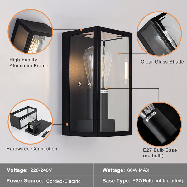 Outdoor Wall Light Waterproof IP54, Matte Black Stainless Steel Boxed Lantern, E27 Bulb Cap, LED Compatible, Ideal for Walkway, Courtyard, Garden, Park, Class 1 (Earth)