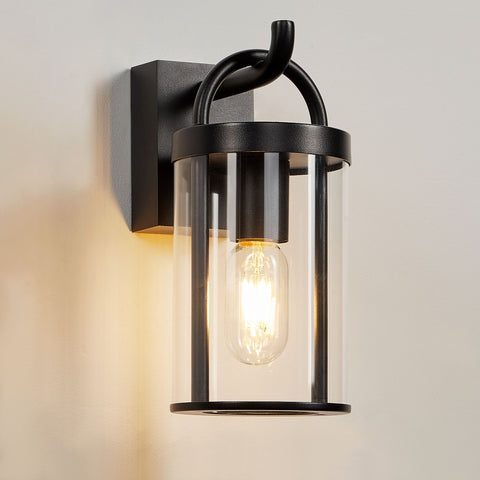 Black Outdoor Wall Light and Sconce with Cylinder Glass Shade IP65 Weatherproof