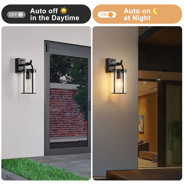 Black Outdoor PIR Sensor Wall Light and Sconce with Cylinder Clear Shade IP65 Weatherproof