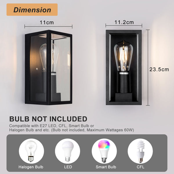 Outdoor Wall Light Waterproof IP54, Matte Black Stainless Steel Boxed Lantern, E27 Bulb Cap, LED Compatible, Ideal for Walkway, Courtyard, Garden, Park, Class 1 (Earth)