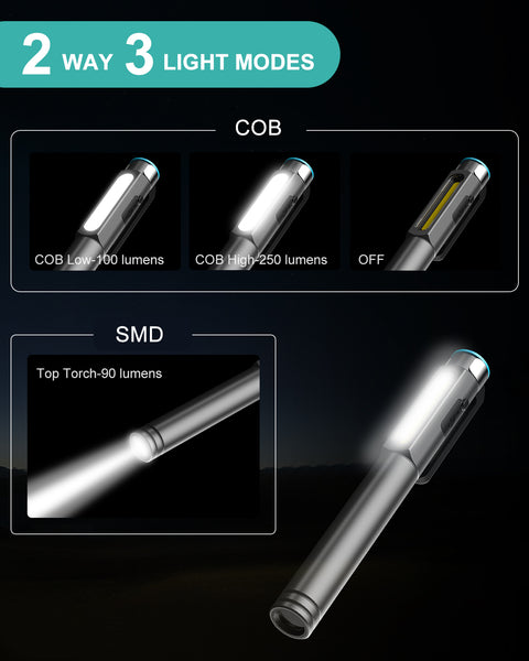 KOOLITE 3-Way Rechargeable LED Work Light COB Inspection lamp with Magnetic clip Pocket Pen design Battery Powered IK07