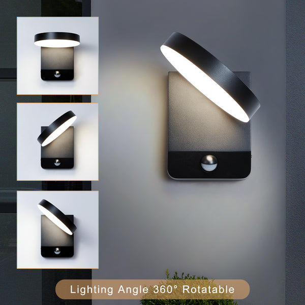 LED Black Outdoor Wall Light with PIR Sensor, Adjustable Round Light IP54, 20 Watts 1400 Lumens 4000K