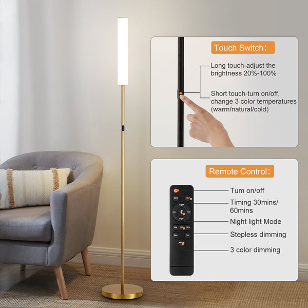 HARPER LIVING Modern LED Floor Lamp with Remote + Touch Control, Gold Standing Reading Lamp with Cylinder White Plastic Shade